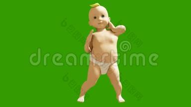 一个小孩子在绿色的屏幕上跳舞。 3D染小舞蹈<strong>儿童动画</strong>.. 循环动画。